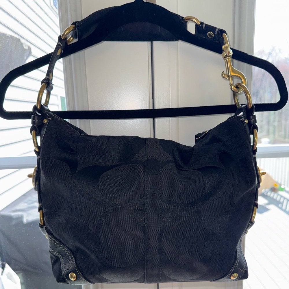 Coach Black Signature Carly Hobo Shoulder Bag with Brass Hardware - Picture 16 of 16